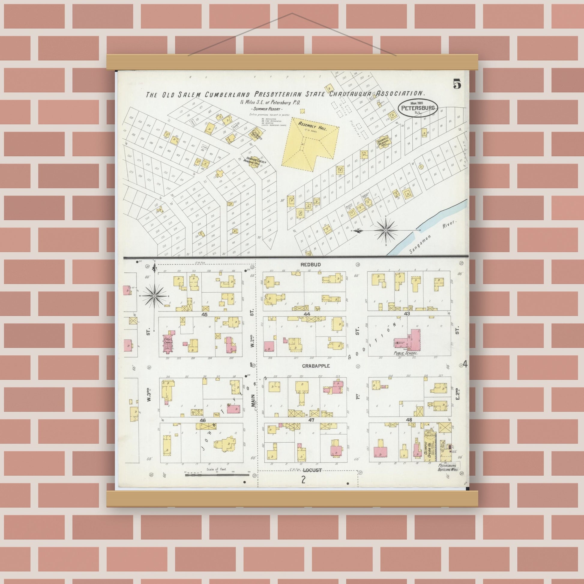 Old map wall art mockup — magnetic wood frame on brick wall — Sanborn Fire Insurance Map from Petersburg, Menard County, Illinois (1901), Sheet #0005