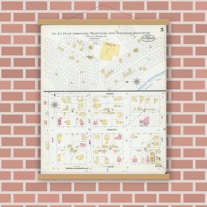 Old map wall art mockup — magnetic wood frame on brick wall — Sanborn Fire Insurance Map from Petersburg, Menard County, Illinois (1901), Sheet #0005