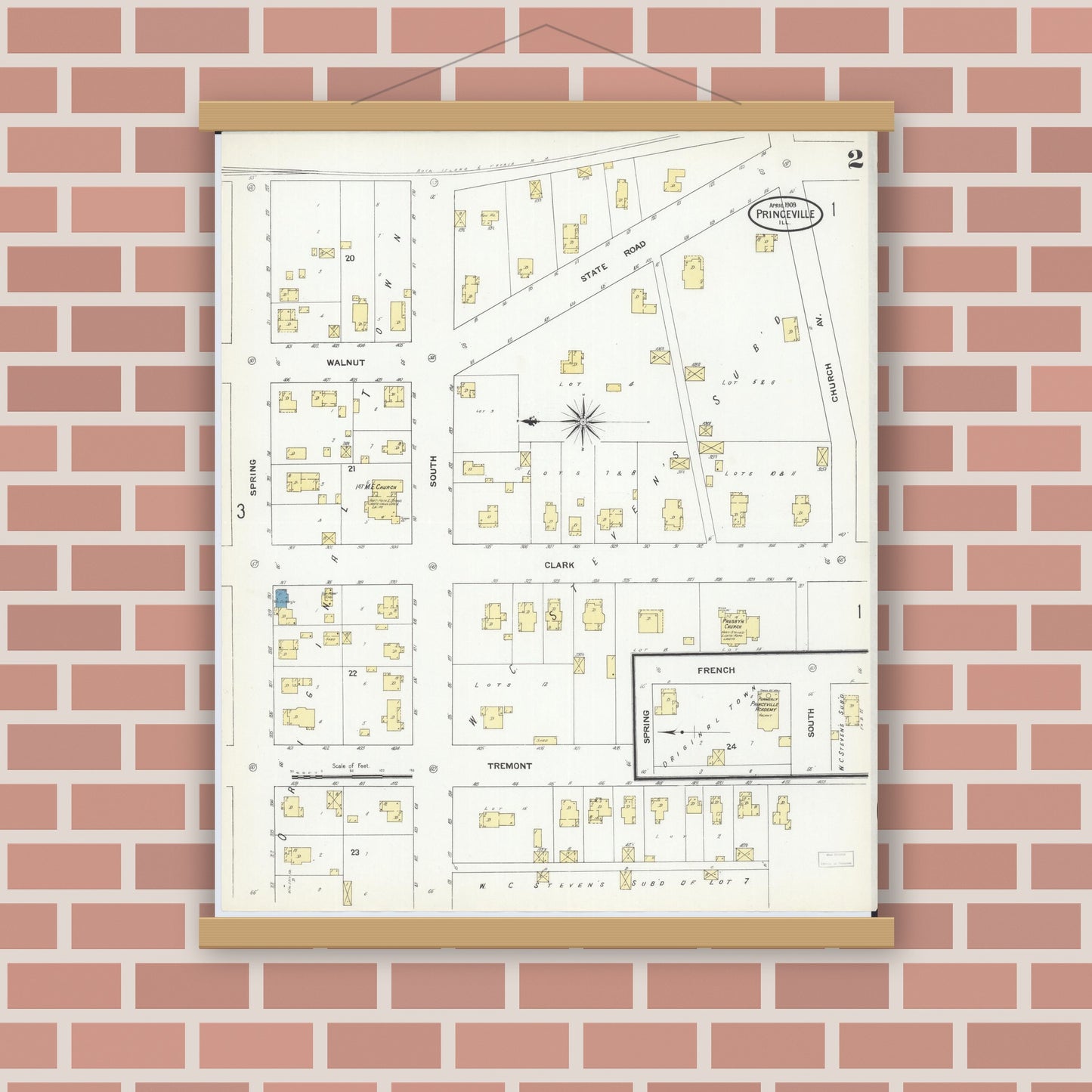 Old map wall art mockup — magnetic wood frame on brick wall — Sanborn Fire Insurance Map from Princeville, Peoria County, Illinois (1909), Sheet #0002