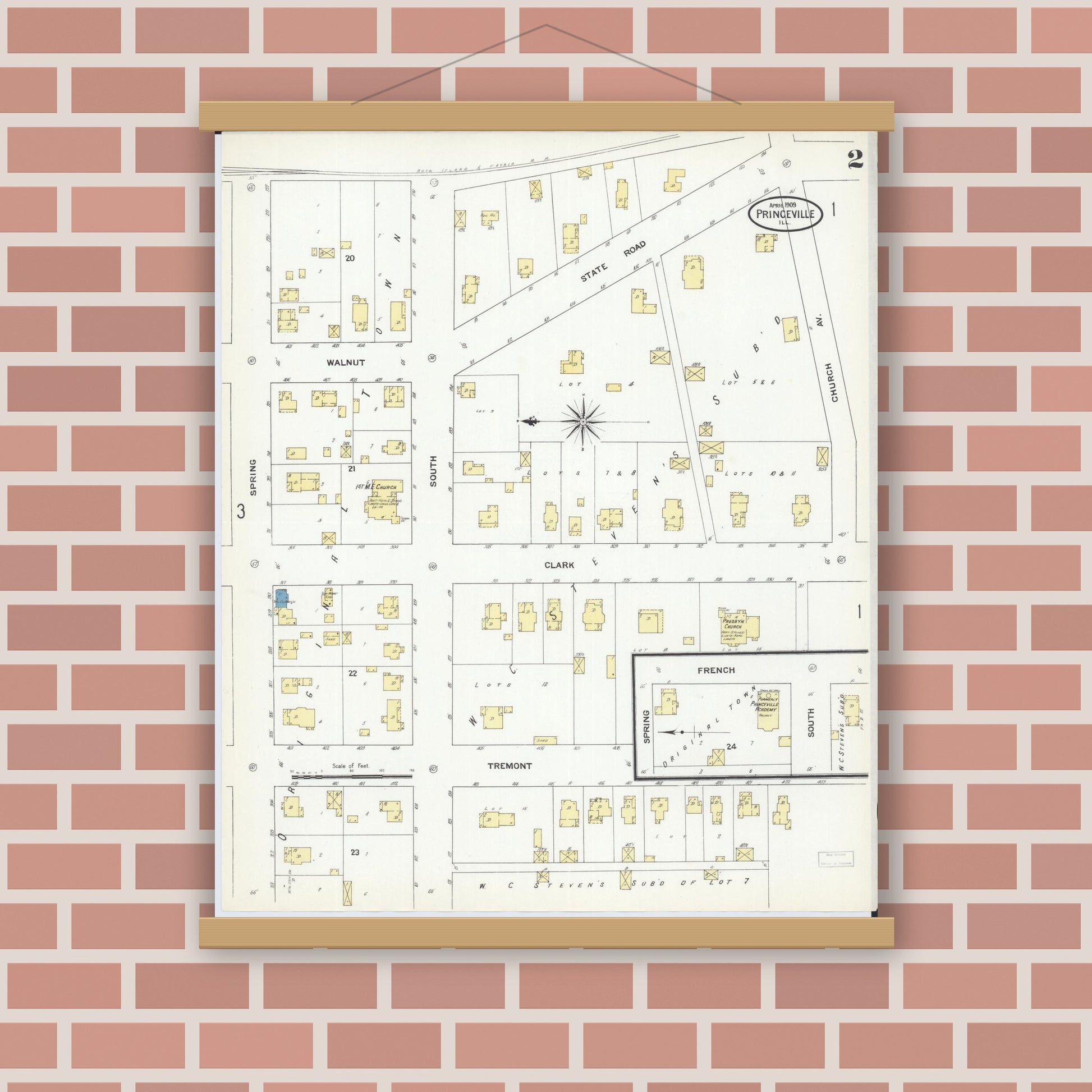 Old map wall art mockup — magnetic wood frame on brick wall — Sanborn Fire Insurance Map from Princeville, Peoria County, Illinois (1909), Sheet #0002