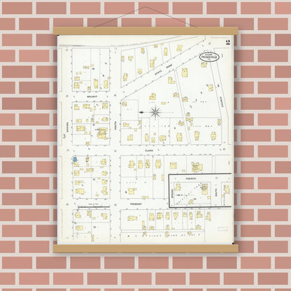 Old map wall art mockup — magnetic wood frame on brick wall — Sanborn Fire Insurance Map from Princeville, Peoria County, Illinois (1909), Sheet #0002
