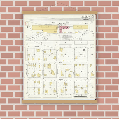 Old map wall art mockup — magnetic wood frame on brick wall — Sanborn Fire Insurance Map from Clarksville, Red River County, Texas (1911), Sheet #0003