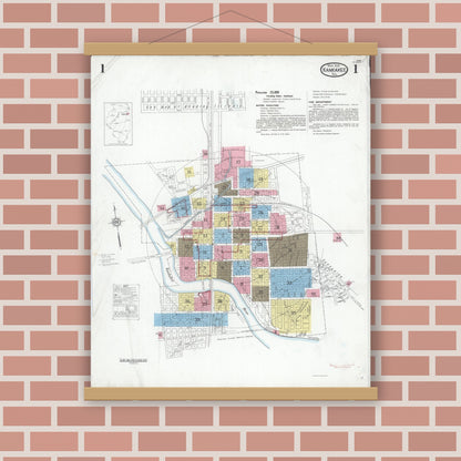 Old map wall art mockup — magnetic wood frame on brick wall — Sanborn Fire Insurance Map from Kankakee, Kankakee County, Illinois (1930), Sheet #0001