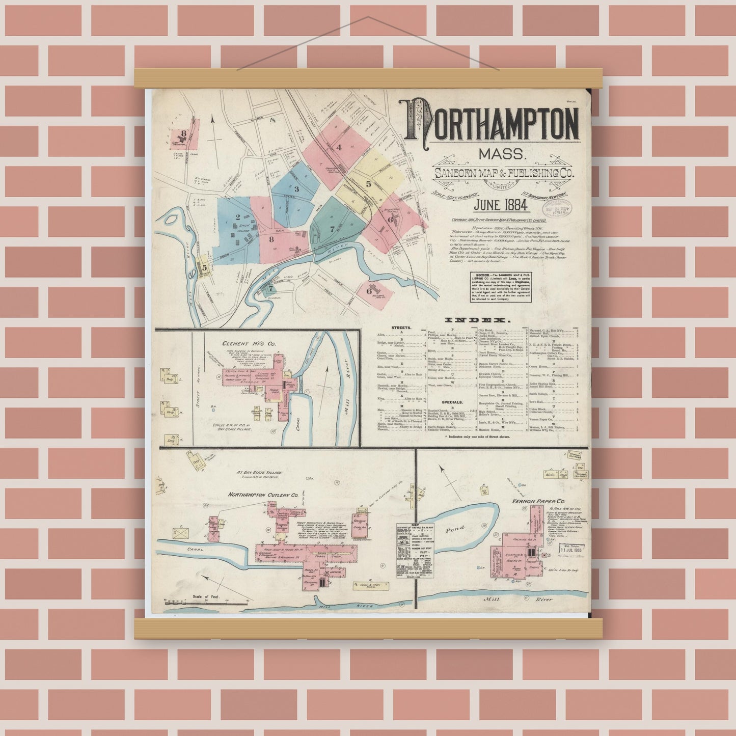Old map wall art mockup — magnetic wood frame on brick wall — Sanborn Fire Insurance Map from Northampton, Hampshire County, Massachusetts (1884), Sheet #0001
