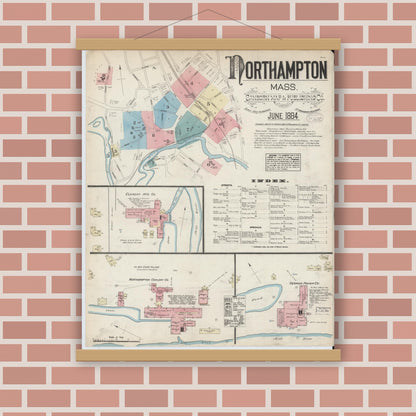 Old map wall art mockup — magnetic wood frame on brick wall — Sanborn Fire Insurance Map from Northampton, Hampshire County, Massachusetts (1884), Sheet #0001