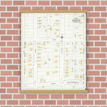 Old map wall art mockup — magnetic wood frame on brick wall — Sanborn Fire Insurance Map from Traverse City, Grand Traverse County, Michigan (1910), Sheet #0002