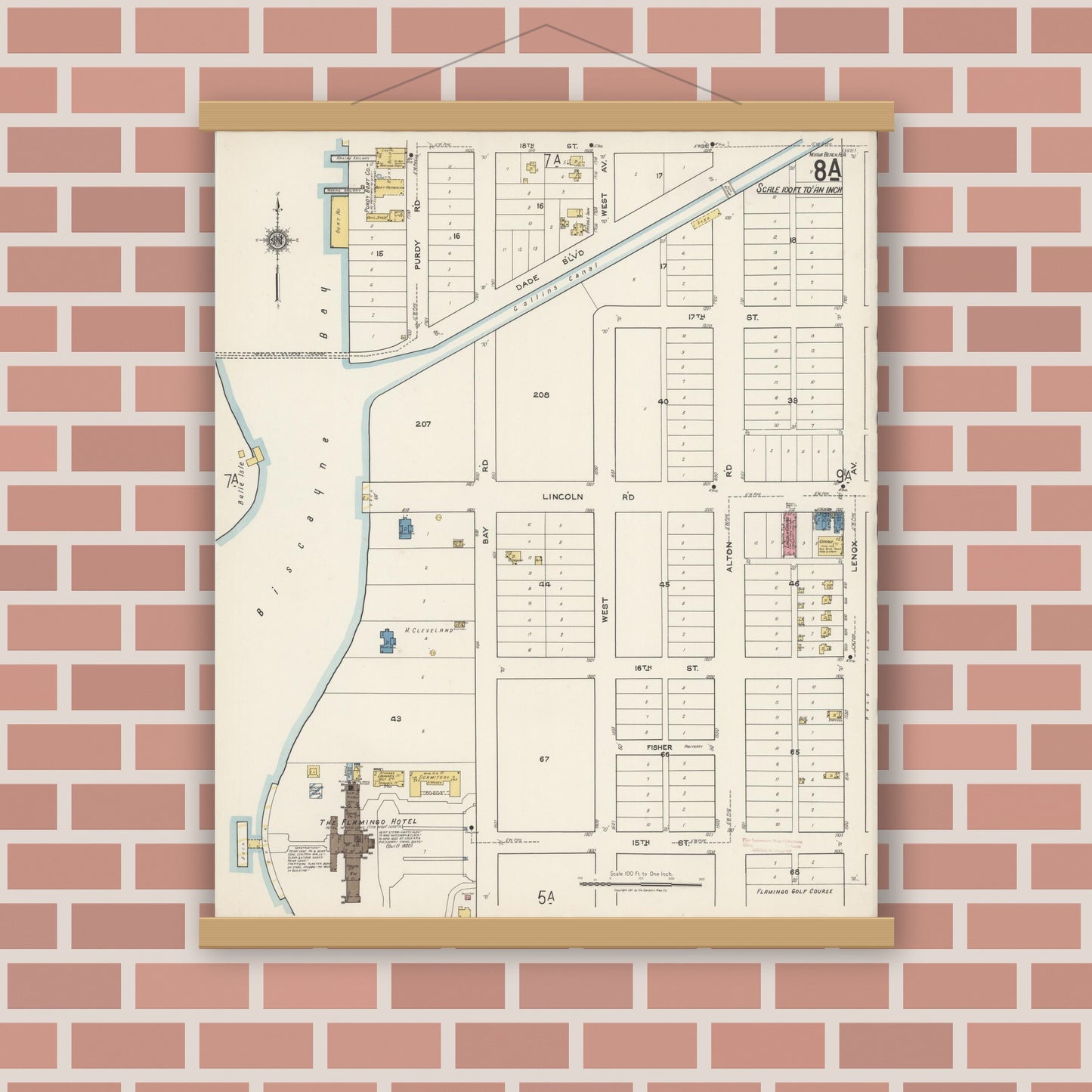 Old map wall art mockup — magnetic wood frame on brick wall — Sanborn Fire Insurance Map from Miami Beach, Dade County, Florida (1921), Sheet #0008