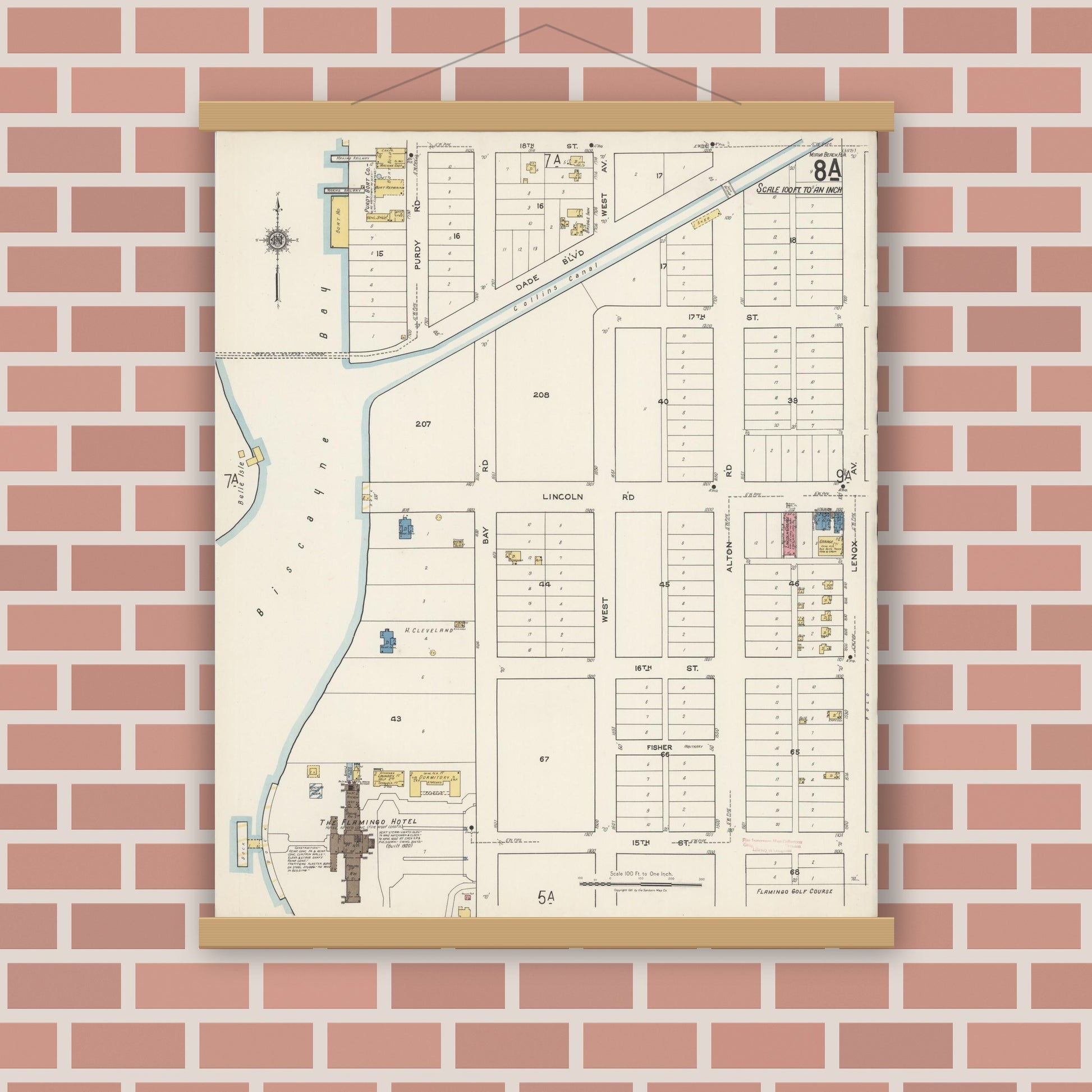 Old map wall art mockup — magnetic wood frame on brick wall — Sanborn Fire Insurance Map from Miami Beach, Dade County, Florida (1921), Sheet #0008