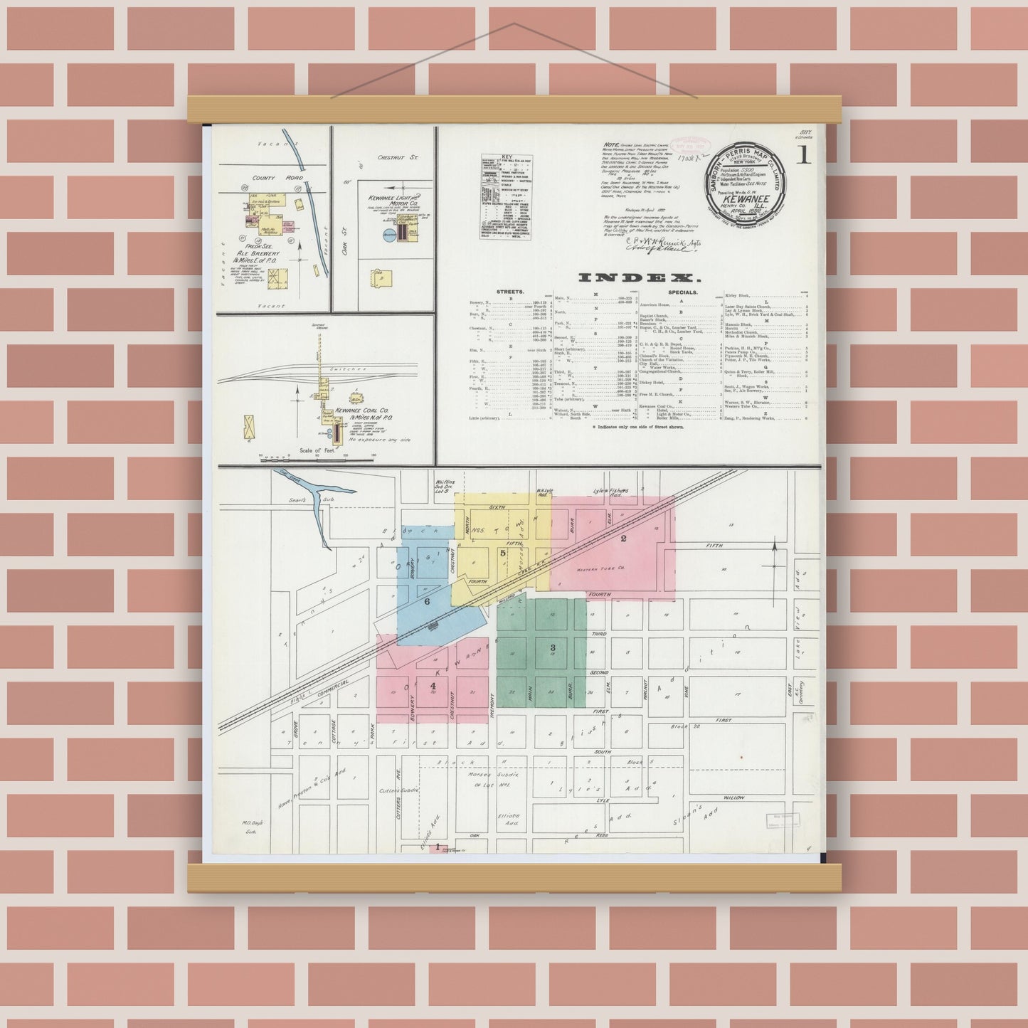 Old map wall art mockup — magnetic wood frame on brick wall — Sanborn Fire Insurance Map from Kewanee, Henry County, Illinois (1892), Sheet #0001