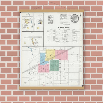 Old map wall art mockup — magnetic wood frame on brick wall — Sanborn Fire Insurance Map from Kewanee, Henry County, Illinois (1892), Sheet #0001