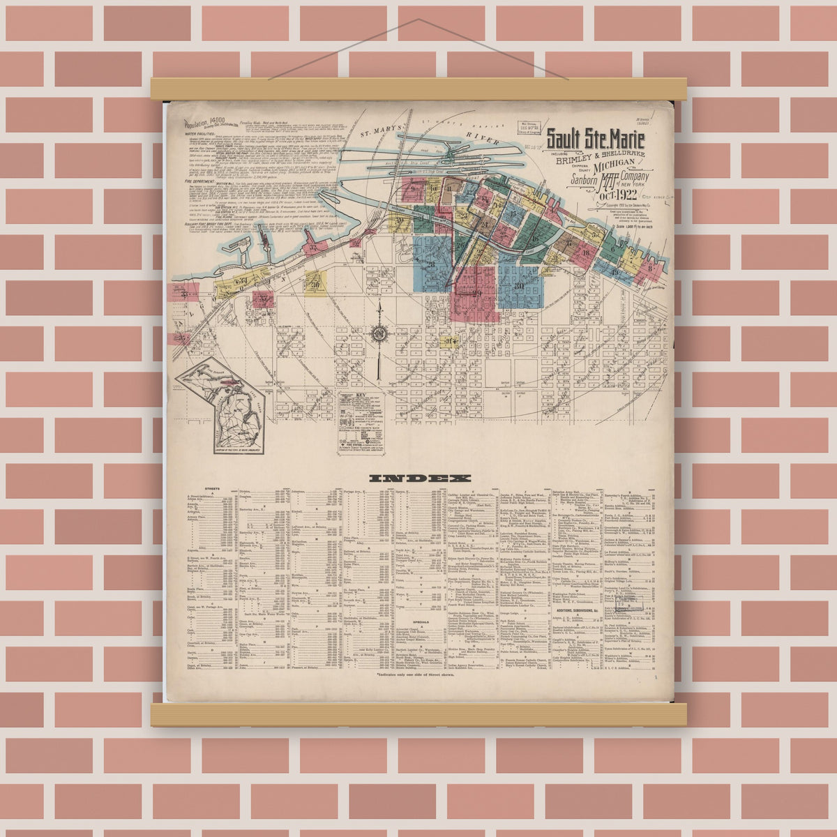 Old map wall art mockup — magnetic wood frame on brick wall — Sanborn Fire Insurance Map from Sault Sainte Marie, Chippewa County, Michigan (1922), Sheet #0001