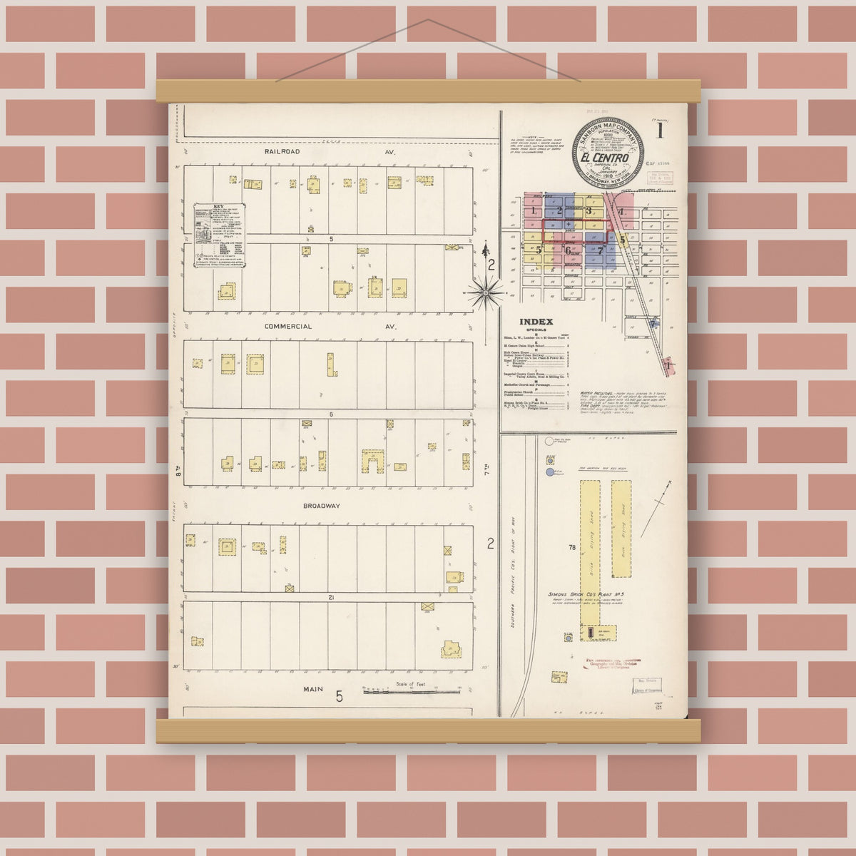 Old map wall art mockup — magnetic wood frame on brick wall — Sanborn Fire Insurance Map from El Centro, Imperial County, California (1910), Sheet #0001