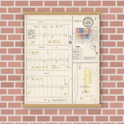 Old map wall art mockup — magnetic wood frame on brick wall — Sanborn Fire Insurance Map from El Centro, Imperial County, California (1910), Sheet #0001