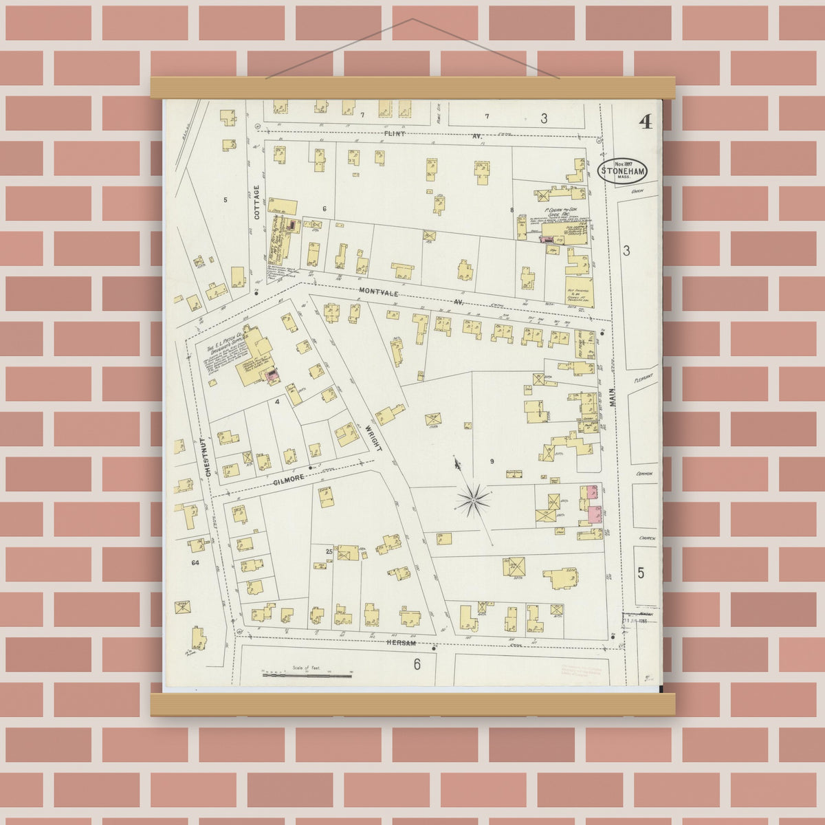 Old map wall art mockup — magnetic wood frame on brick wall — Sanborn Fire Insurance Map from Stoneham, Middlesex County, Massachusetts (1897), Sheet #0004