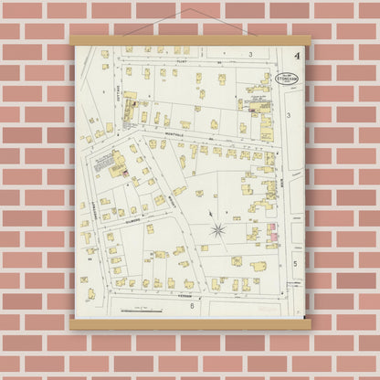 Old map wall art mockup — magnetic wood frame on brick wall — Sanborn Fire Insurance Map from Stoneham, Middlesex County, Massachusetts (1897), Sheet #0004