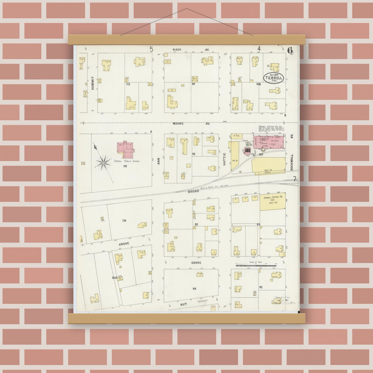 Old map wall art mockup — magnetic wood frame on brick wall — Sanborn Fire Insurance Map from Terrell, Kaufman County, Texas (1897), Sheet #0006