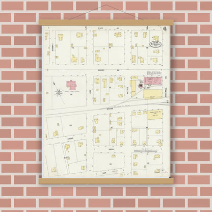Old map wall art mockup — magnetic wood frame on brick wall — Sanborn Fire Insurance Map from Terrell, Kaufman County, Texas (1897), Sheet #0006