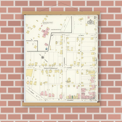 Old map wall art mockup — magnetic wood frame on brick wall — Sanborn Fire Insurance Map from Cadiz, Harrison County, Ohio (1909), Sheet #0002