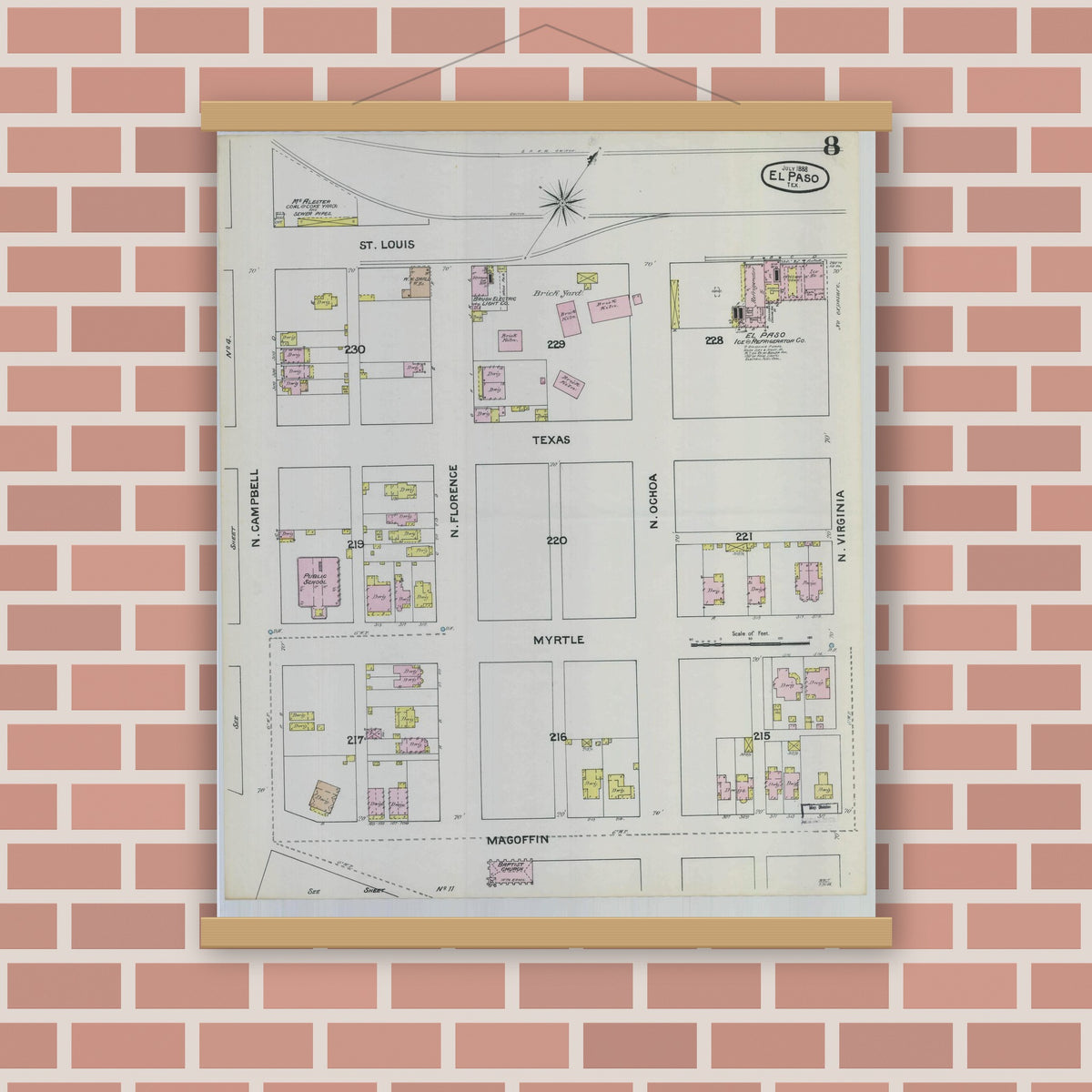 Old map wall art mockup — magnetic wood frame on brick wall — Sanborn Fire Insurance Map from El Paso, El Paso County, Texas (1888), Sheet #0008