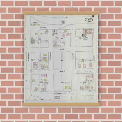 Old map wall art mockup — magnetic wood frame on brick wall — Sanborn Fire Insurance Map from El Paso, El Paso County, Texas (1888), Sheet #0008