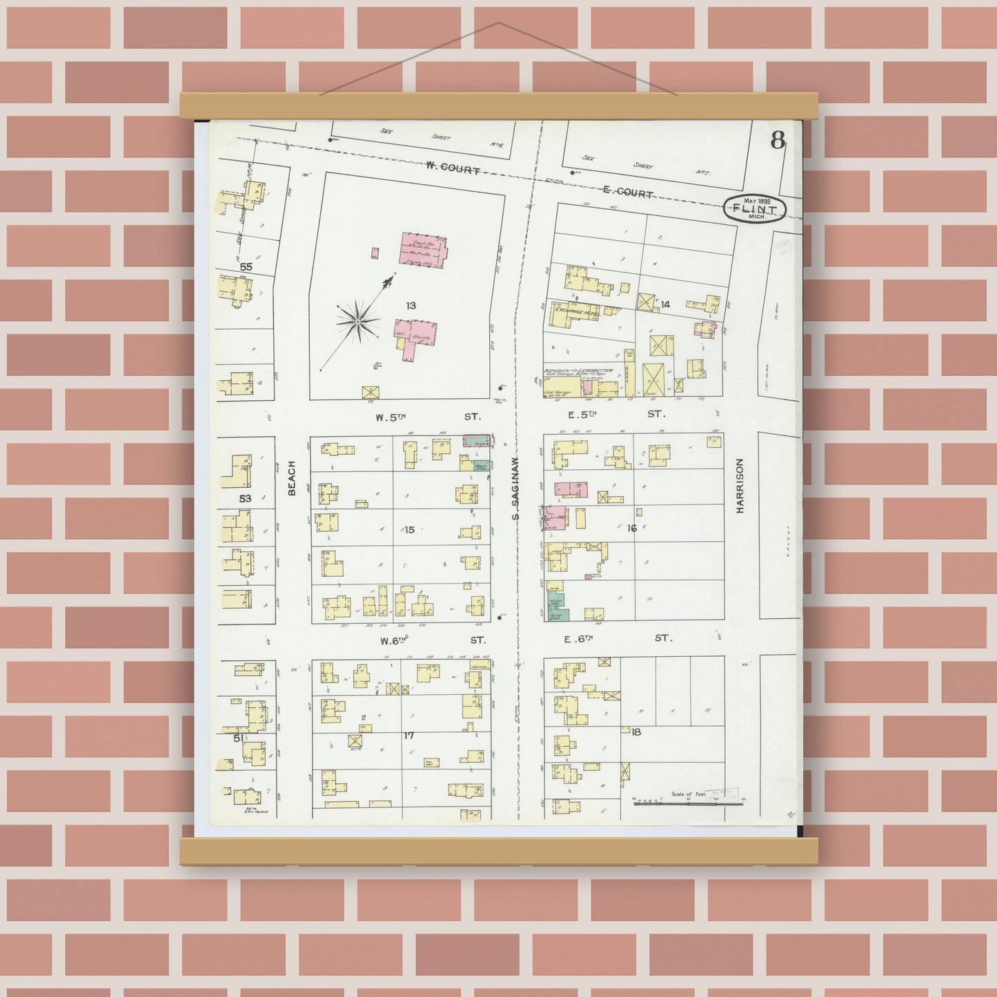 Old map wall art mockup — magnetic wood frame on brick wall — Sanborn Fire Insurance Map from Flint, Genesee County, Michigan (1892), Sheet #0008