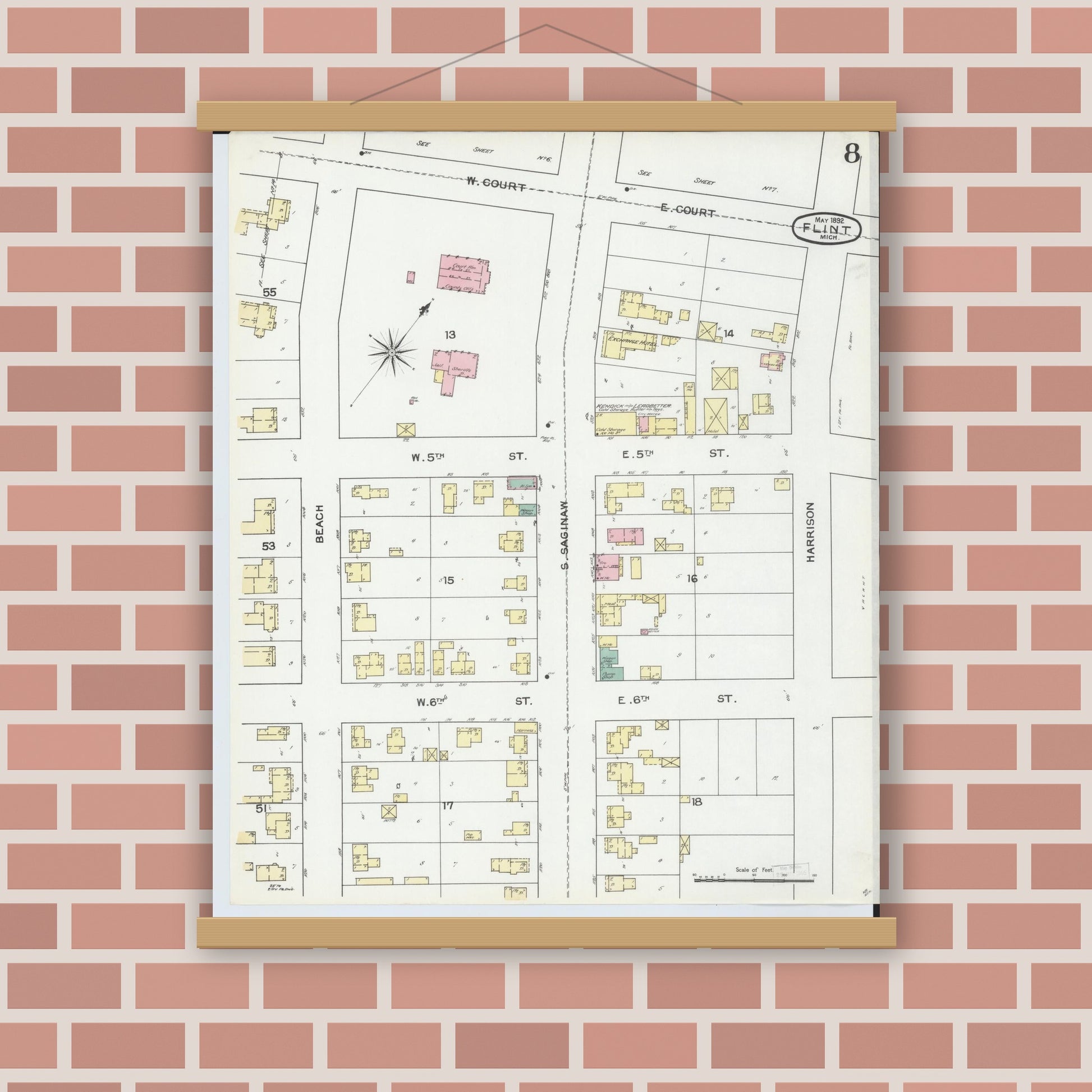 Old map wall art mockup — magnetic wood frame on brick wall — Sanborn Fire Insurance Map from Flint, Genesee County, Michigan (1892), Sheet #0008