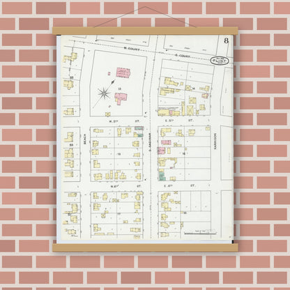 Old map wall art mockup — magnetic wood frame on brick wall — Sanborn Fire Insurance Map from Flint, Genesee County, Michigan (1892), Sheet #0008