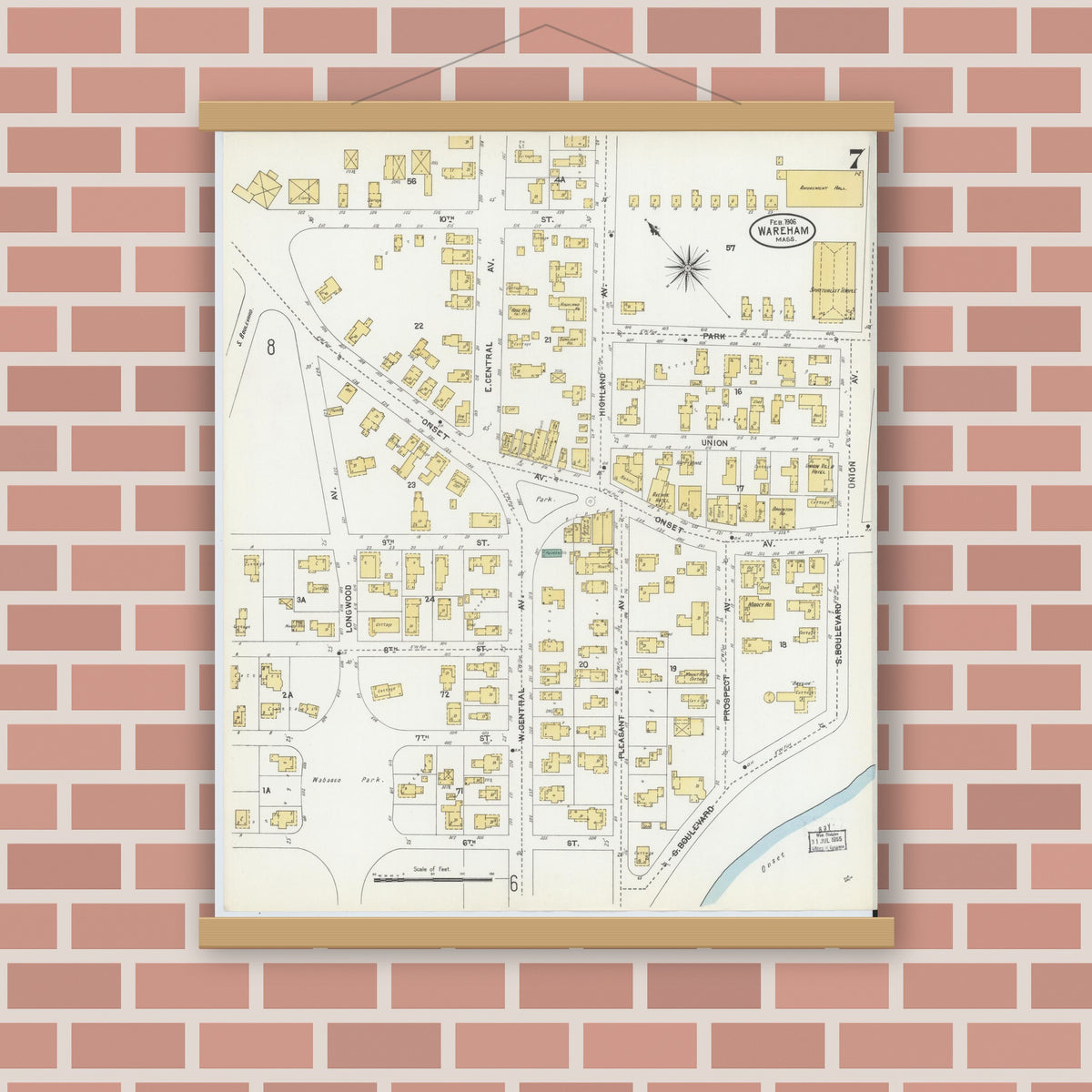 Old map wall art mockup — magnetic wood frame on brick wall — Sanborn Fire Insurance Map from Wareham, Plymouth County, Massachusetts (1906), Sheet #0007