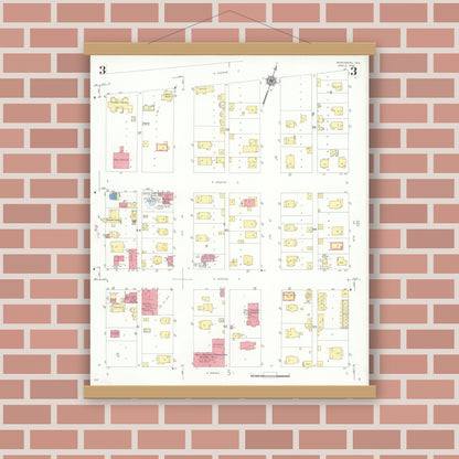 Old map wall art mockup — magnetic wood frame on brick wall — Sanborn Fire Insurance Map from Rosenberg, Fort Bend County, Texas (1942), Sheet #0003