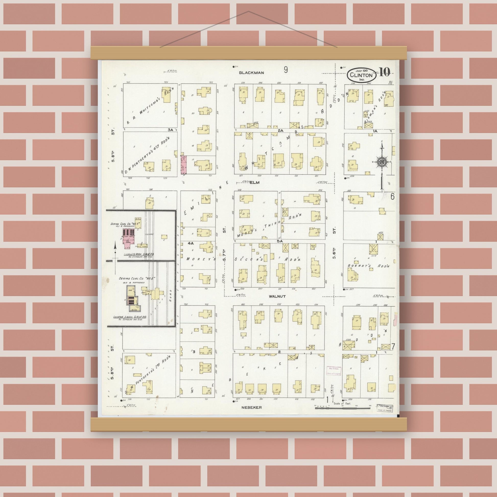 Old map wall art mockup — magnetic wood frame on brick wall — Sanborn Fire Insurance Map from Clinton, Vermillion County, Indiana (1910), Sheet #0010
