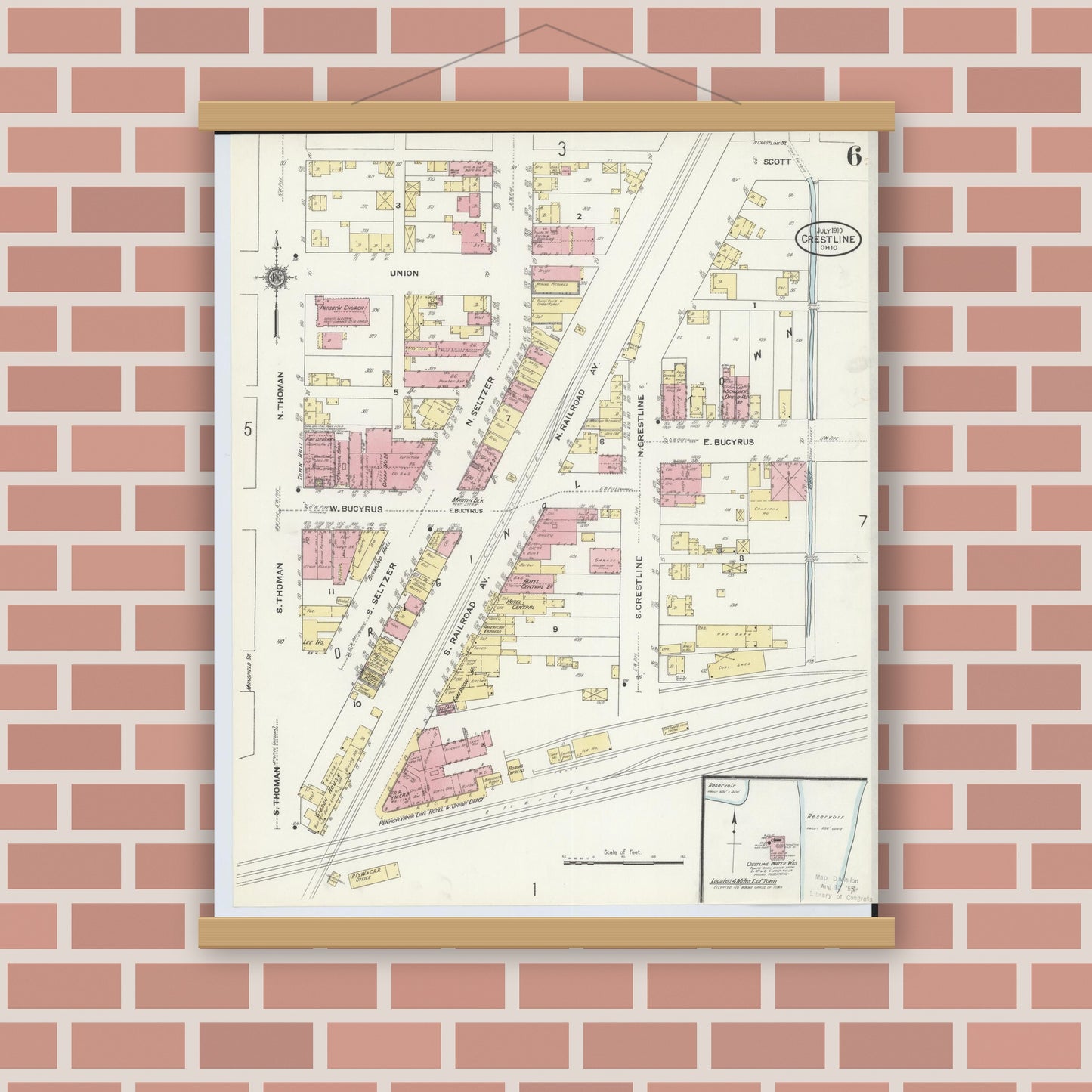 Old map wall art mockup — magnetic wood frame on brick wall — Sanborn Fire Insurance Map from Crestline, Crawford County, Ohio (1910), Sheet #0006