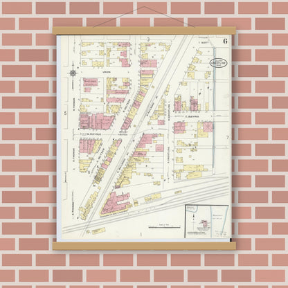 Old map wall art mockup — magnetic wood frame on brick wall — Sanborn Fire Insurance Map from Crestline, Crawford County, Ohio (1910), Sheet #0006