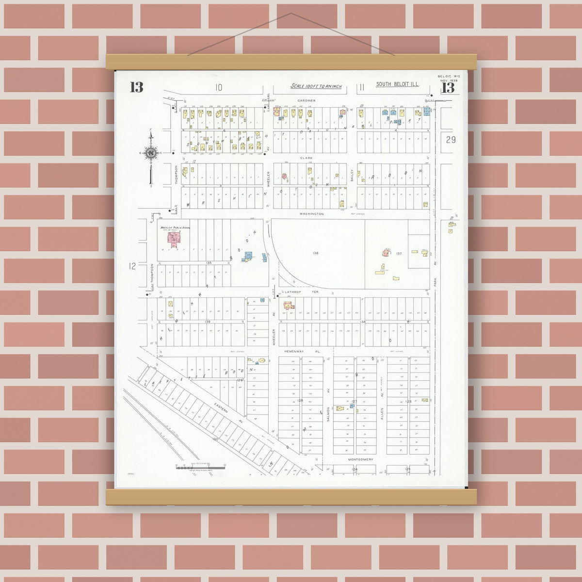 Old map wall art mockup — magnetic wood frame on brick wall — Sanborn Fire Insurance Map from Beloit, Rock County, Wisconsin (1939), Sheet #0013