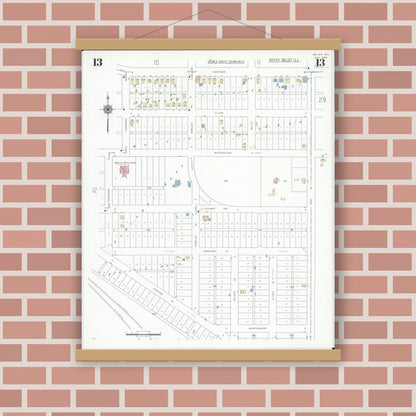 Old map wall art mockup — magnetic wood frame on brick wall — Sanborn Fire Insurance Map from Beloit, Rock County, Wisconsin (1939), Sheet #0013