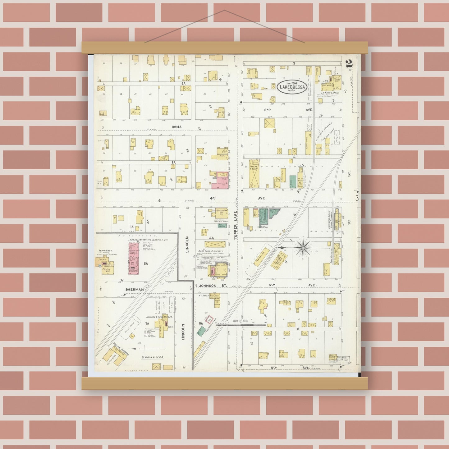 Old map wall art mockup — magnetic wood frame on brick wall — Sanborn Fire Insurance Map from Lake Odessa, Ionia County, Michigan (1904), Sheet #0002
