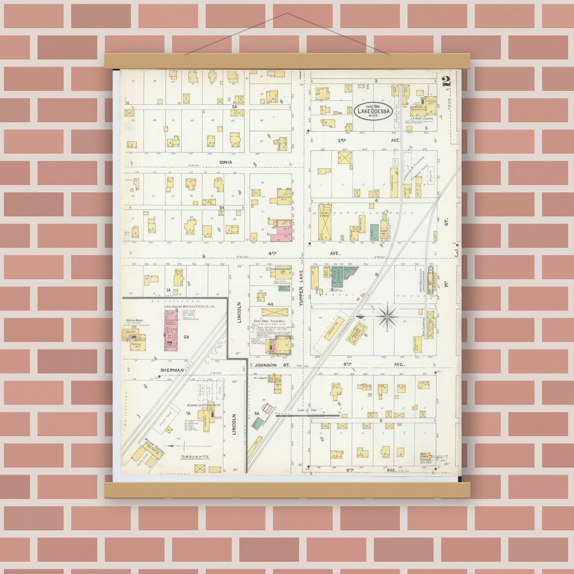 Old map wall art mockup — magnetic wood frame on brick wall — Sanborn Fire Insurance Map from Lake Odessa, Ionia County, Michigan (1904), Sheet #0002