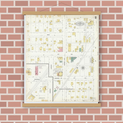 Old map wall art mockup — magnetic wood frame on brick wall — Sanborn Fire Insurance Map from Lake Odessa, Ionia County, Michigan (1904), Sheet #0002