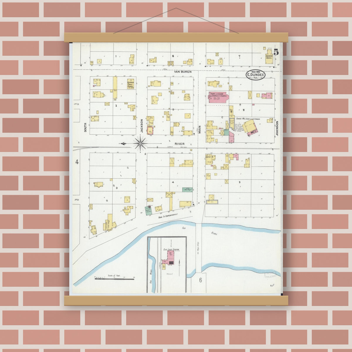 Old map wall art mockup — magnetic wood frame on brick wall — Sanborn Fire Insurance Map from Dundee, Kane County, Illinois (1905), Sheet #0005