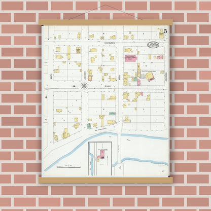 Old map wall art mockup — magnetic wood frame on brick wall — Sanborn Fire Insurance Map from Dundee, Kane County, Illinois (1905), Sheet #0005