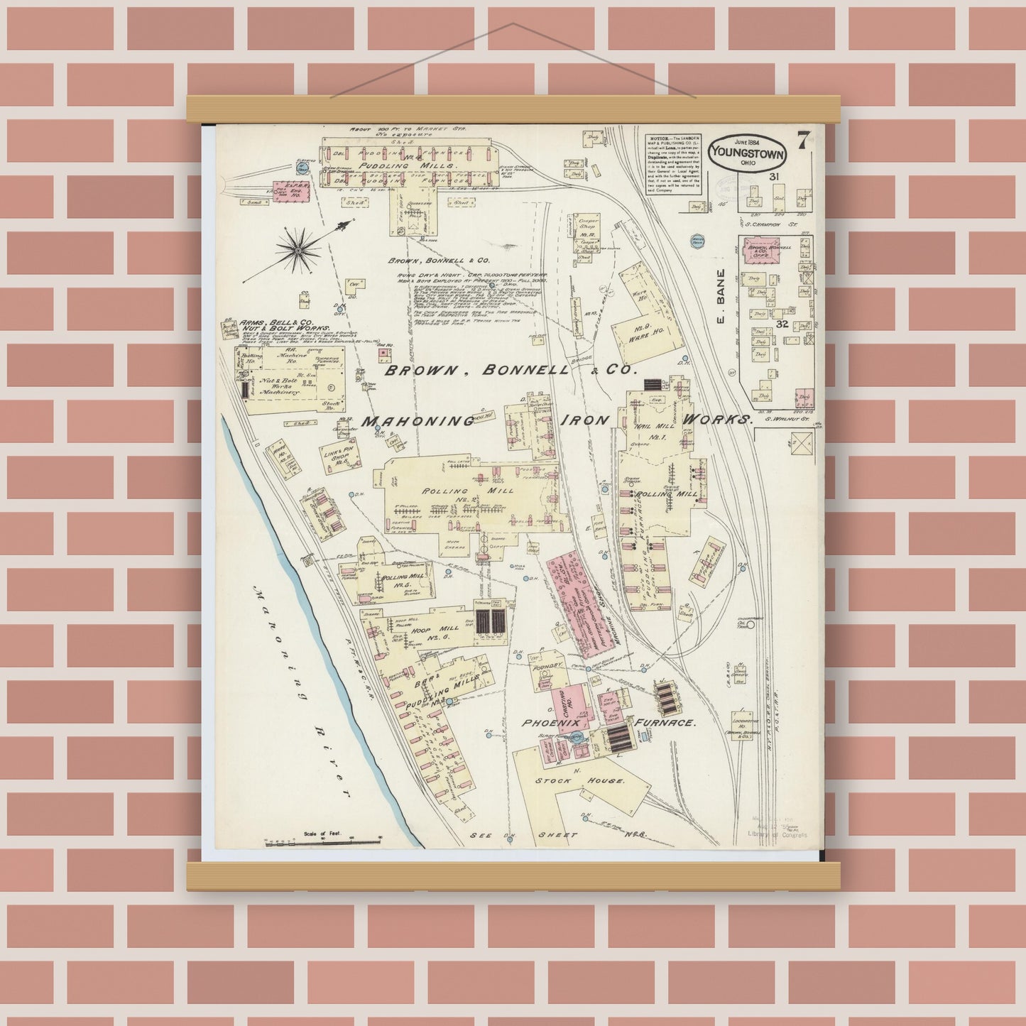 Old map wall art mockup — magnetic wood frame on brick wall — Sanborn Fire Insurance Map from Youngstown, Mahoning County, Ohio (1884), Sheet #0007