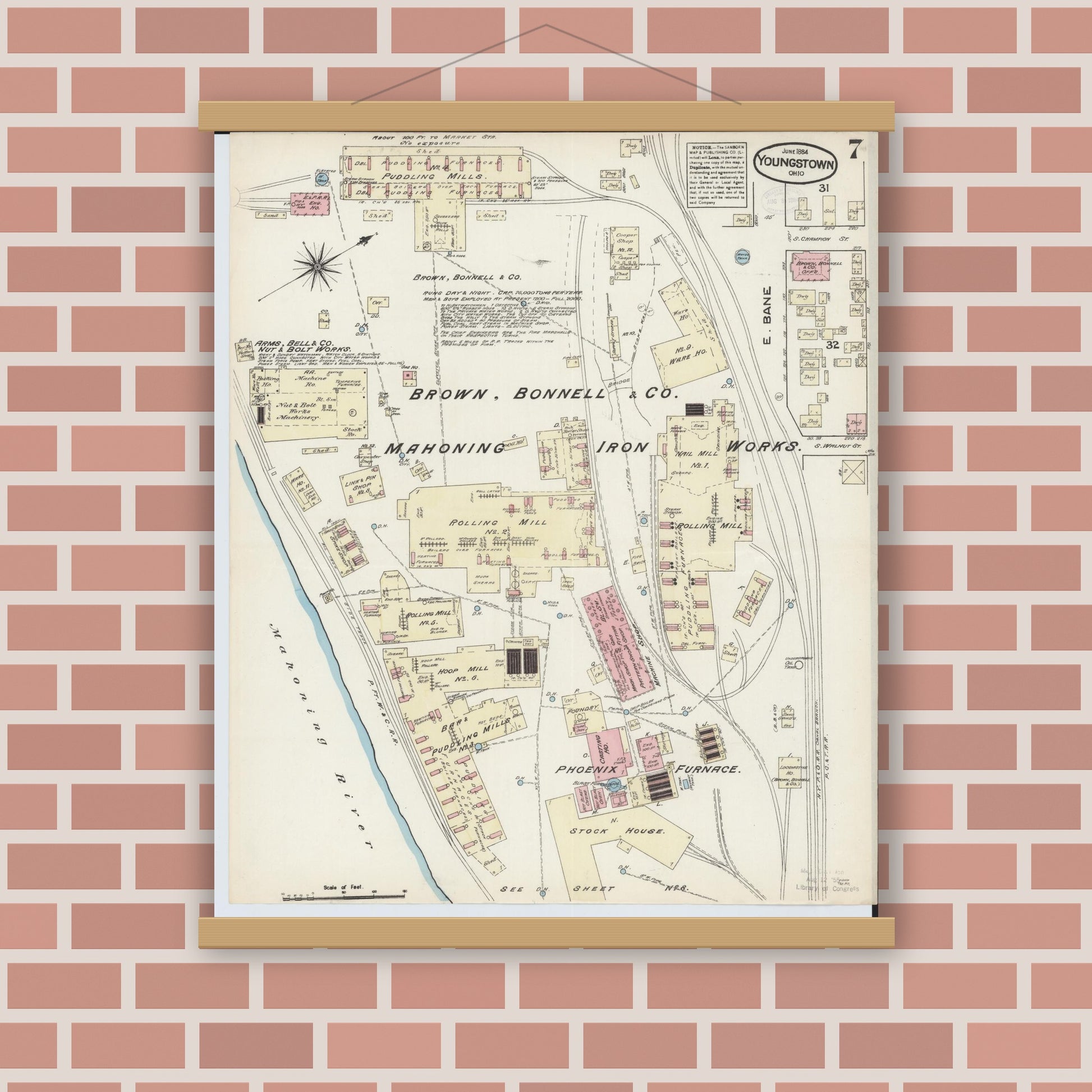 Old map wall art mockup — magnetic wood frame on brick wall — Sanborn Fire Insurance Map from Youngstown, Mahoning County, Ohio (1884), Sheet #0007
