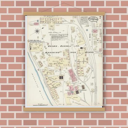 Old map wall art mockup — magnetic wood frame on brick wall — Sanborn Fire Insurance Map from Youngstown, Mahoning County, Ohio (1884), Sheet #0007