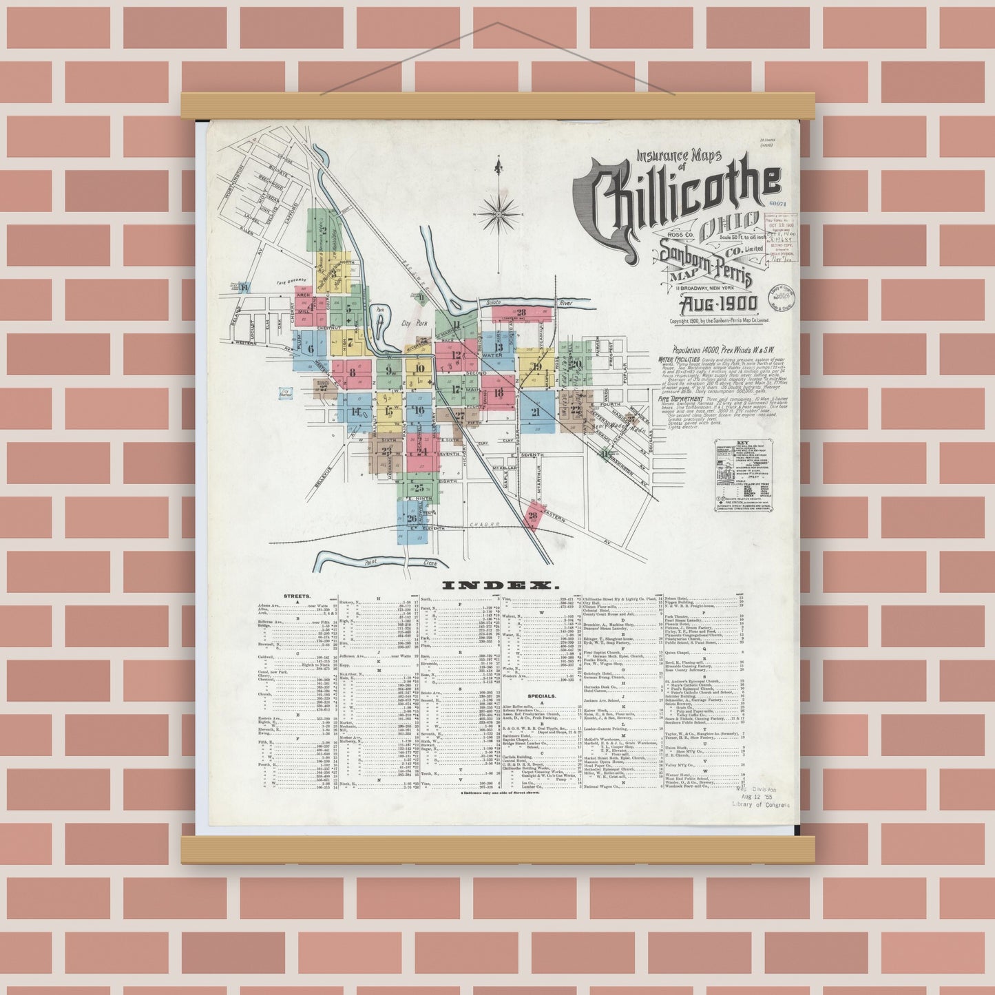 Old map wall art mockup — magnetic wood frame on brick wall — Sanborn Fire Insurance Map from Chillicothe, Ross County, Ohio (1900), Sheet #0001