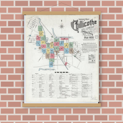 Old map wall art mockup — magnetic wood frame on brick wall — Sanborn Fire Insurance Map from Chillicothe, Ross County, Ohio (1900), Sheet #0001
