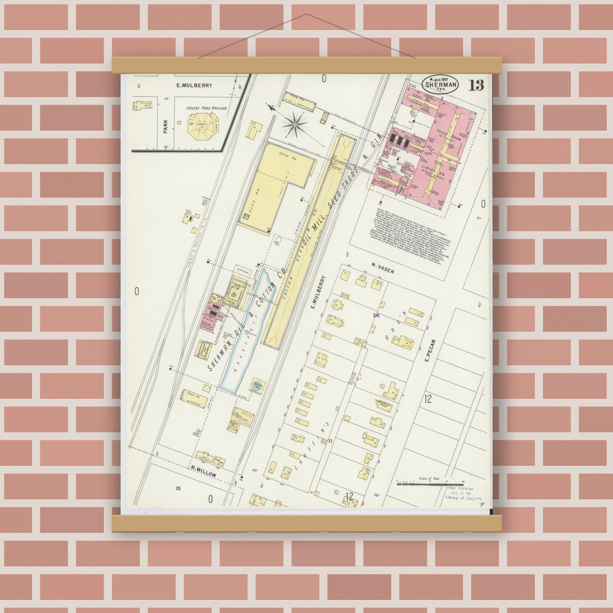 Old map wall art mockup — magnetic wood frame on brick wall — Sanborn Fire Insurance Map from Sherman, Grayson County, Texas (1897), Sheet #0013