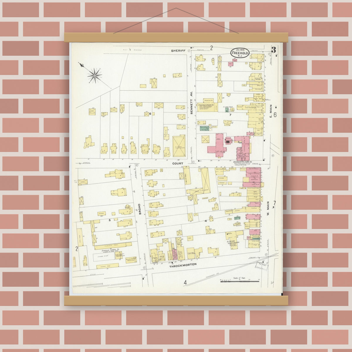 Old map wall art mockup — magnetic wood frame on brick wall — Sanborn Fire Insurance Map from Freehold, Monmouth County, New Jersey (1909), Sheet #0003