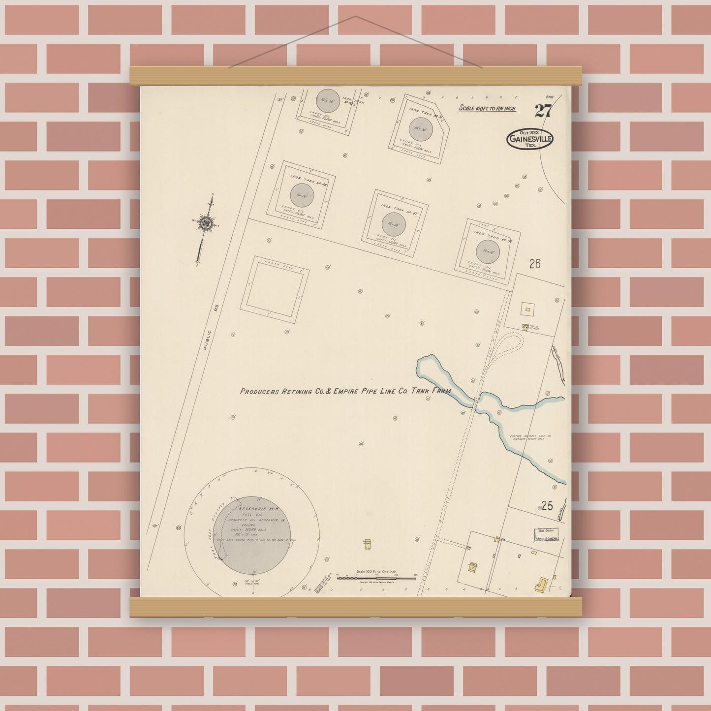 Old map wall art mockup — magnetic wood frame on brick wall — Sanborn Fire Insurance Map from Gainesville, Cooke County, Texas (1922), Sheet #0027