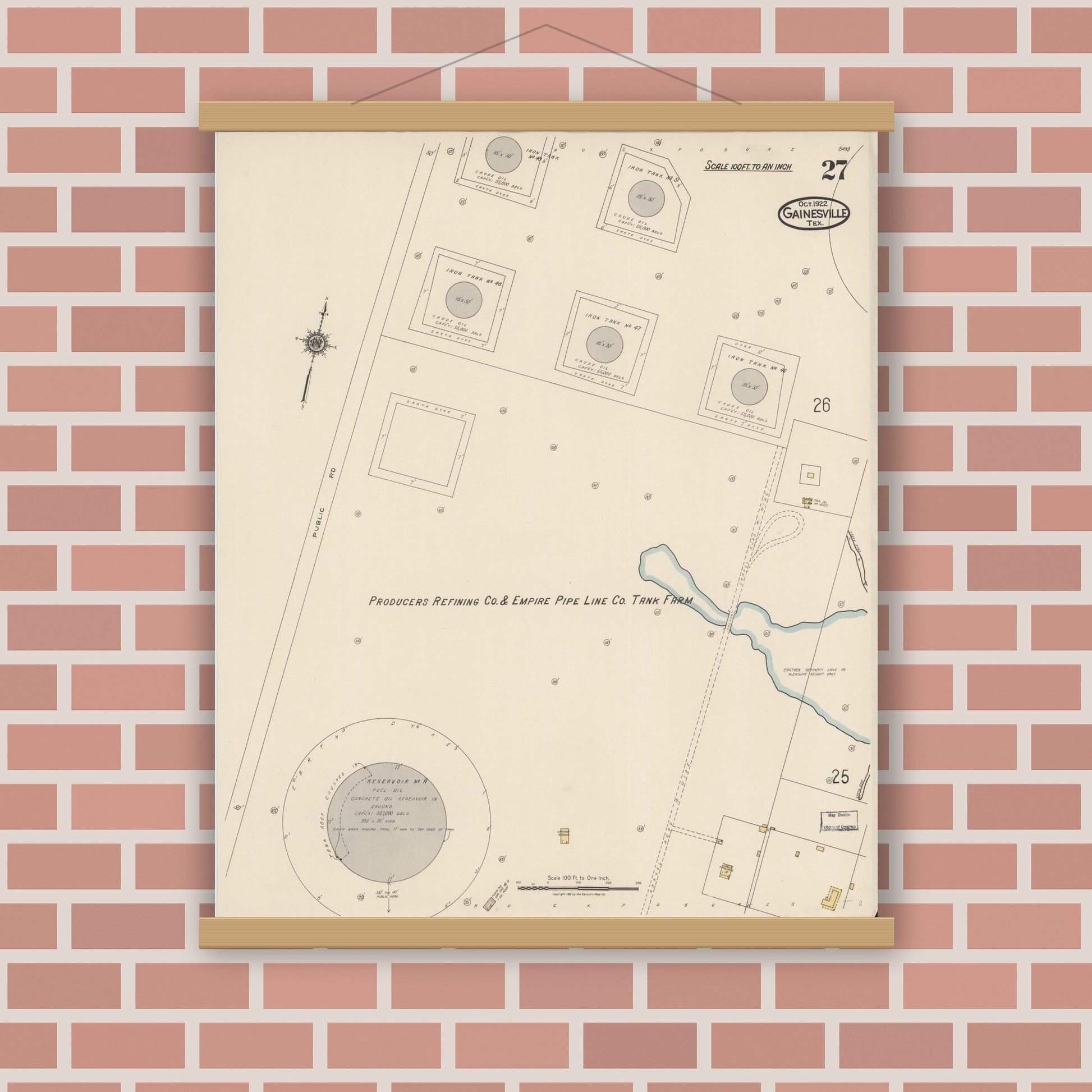 Old map wall art mockup — magnetic wood frame on brick wall — Sanborn Fire Insurance Map from Gainesville, Cooke County, Texas (1922), Sheet #0027