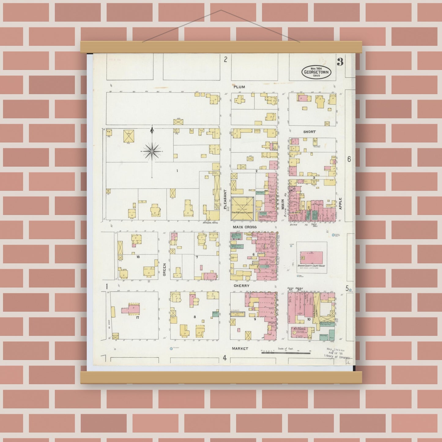 Old map wall art mockup — magnetic wood frame on brick wall — Sanborn Fire Insurance Map from Georgetown, Brown County, Ohio (1904), Sheet #0003