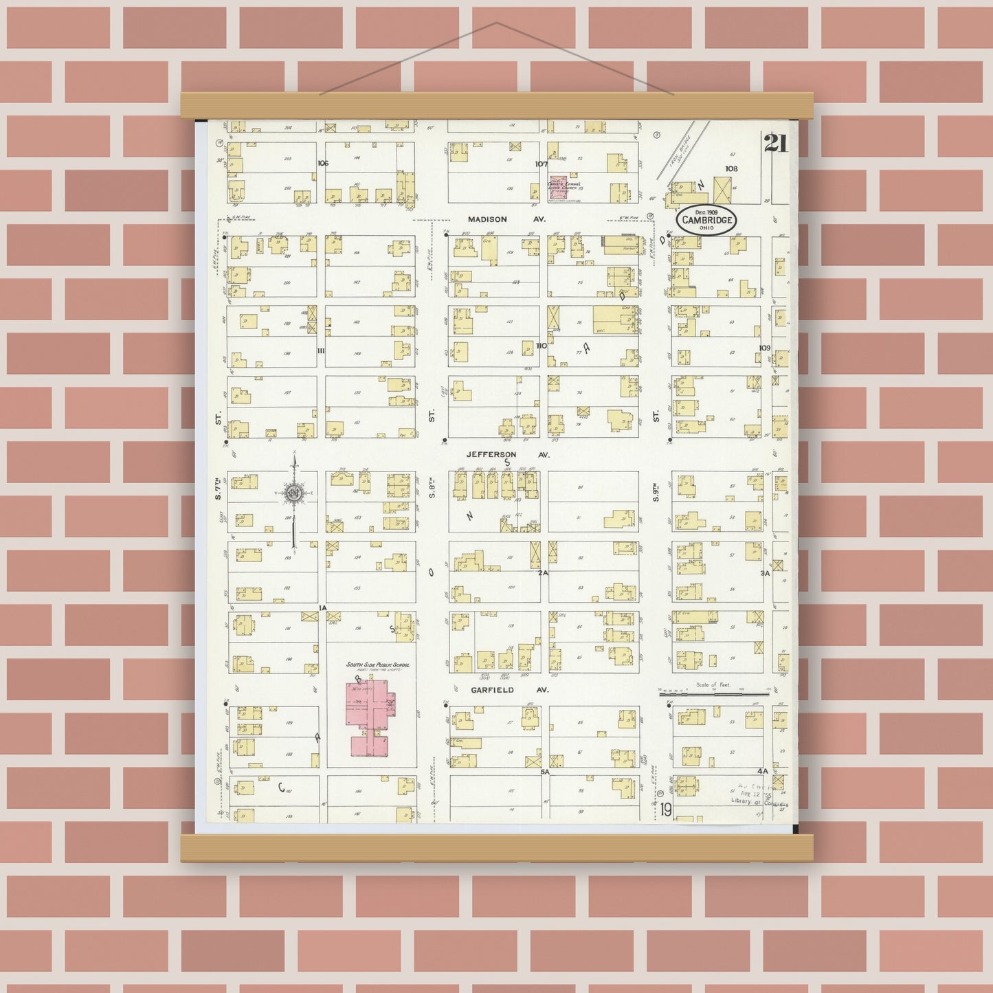 Old map wall art mockup — magnetic wood frame on brick wall — Sanborn Fire Insurance Map from Cambridge, Guernsey County, Ohio (1909), Sheet #0021
